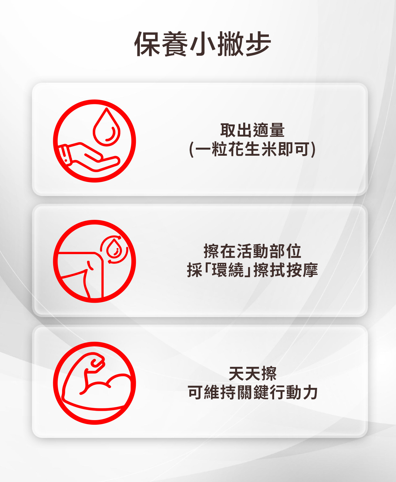 保養小撇步取出適量(一粒花生米即可)擦在活動部位採環繞擦拭按摩天天擦可維持關鍵行動力