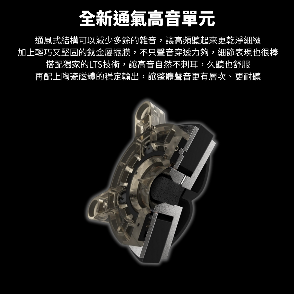 全新通氣高音單元通風式結構可以減少多餘的雜音,讓高頻聽起來更乾淨細緻加上輕巧又堅固的鈦金屬振膜,不只聲音穿透力夠,細節表現也很棒搭配獨家的LTS技術,讓高音自然不刺耳,久聽也舒服再配上陶瓷磁體的穩定輸出,讓整體聲音更有層次、更耐聽