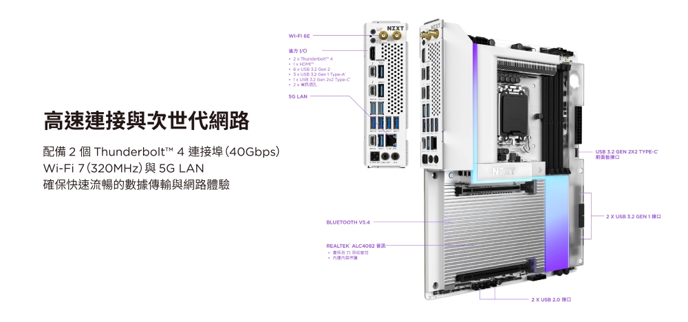 速連接與次世代網路配備  個 Thunderbolt 4 連接埠(40Gbps)WiFi7(30MHz)與 LN確保快速流暢的數據傳輸與網路體驗WIFI     Thunderbolt™ 4 HOM 6   32  2  32   A USB    Type 25G LANBLUETOOTH REALTEK AL4082 音訊- 高NZXTUSB  GEN 2X2 TYPE-C前面板NZXT2  USB 2.0  3.2 接口