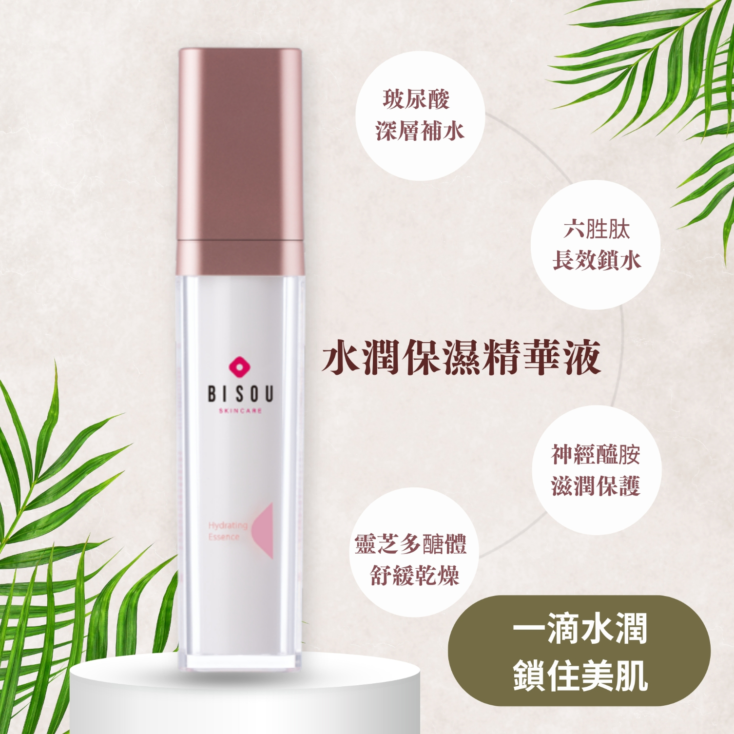 玻尿酸，深層補水，六胜肽，長效鎖水，水潤保濕精華液，靈芝多醣體，舒緩乾燥，神經醯胺，滋潤保護，一滴水潤，鎖住美肌。