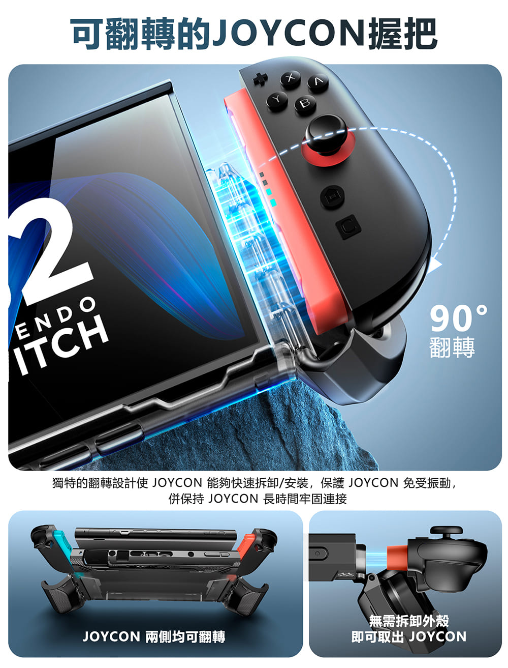 2ENDO可翻轉的JOYCON握把ITCH獨特的翻轉設計使JOYCON 能夠快速拆卸/安裝,保護 JOYCON 免受振動,併保持 JOYCON 長時間牢固連接JOYCON 兩側均可翻轉無需拆卸外殼即可取出 JOYCON90翻轉