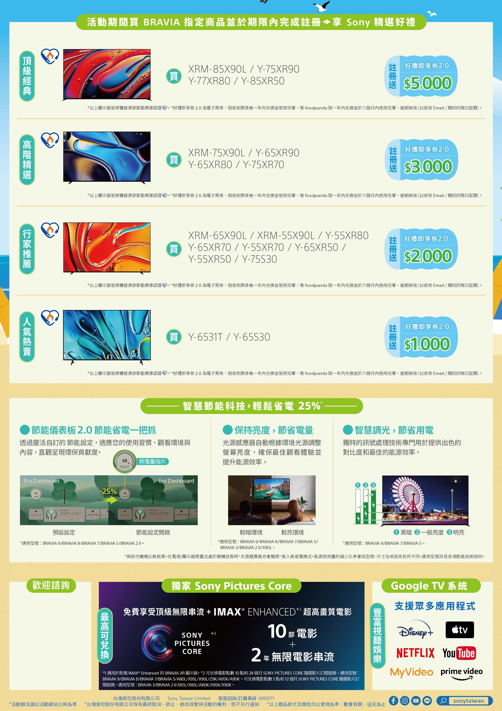 活動期間買 BRAVIA 指定商品並於期限完成享 Sony 精選好禮XRM-85Y-75XR90買Y-77XR80  Y-85XR50好禮即享$5.000*以上顯示器皆榮獲經濟部節能標章認證 *好禮即享2.0為電子票,限收到後並使用完畢, dpanda 限一兌換並於六個月使用完畢,逾期無效(以收到Email/簡訊的隔日起算)XRM-75X90L/Y-65XR90買Y-65XR80 / Y-75XR70好禮即享券2.0*$3,000*以上顯示器皆榮獲經濟部節能標章認證 *好禮即享券2.0為電子票券,限收到票券後一年兌換並使用完畢, foodpanda 限一年兌換並於六個月內使用完畢,逾期無效(以收到Email/簡訊的隔日起算)XRM-65X90L/XRM-55X90L/Y-55XR80買Y-65XR70/Y-55X70/Y-65XR50 /Y-55XR50/Y-75S30好禮即享券2.0*$2,000*以上顯示器皆榮獲經濟部節能標章認證 *好禮即享券2.0為電子票券,限收到票券後一年內兌換並使用完畢,惟 foodpanda 限一年內兌換並於六個月內使用完畢,逾期無效(以收到Email/簡訊的隔日起算)買 Y-6531T/Y-65S30註冊好禮即享券2.0*$1.000*以上顯示器皆榮獲經濟部節能標章認證。*好禮即享券2.0為電子票券,限收到票券後一年內兌換並使用完畢,惟 foodpanda 限一年內兌換並於六個月內使用完畢,逾期無效(以收到 Email / 簡訊的隔日起算)。智慧節能科技,輕鬆省電25%*節能儀表板2.0 節能省電一把抓透過靈活自訂的節能設定,適應您的使用習慣、觀看環境與內容,直觀呈現環保貢獻度。58 耗電量指示保持亮度,節省電量光源感應器自動根據環境光源調整螢幕亮度,確保最佳觀看體驗並提升能源效率。智慧調光,節省用電獨特的訊號處理技術專門用於提供出色的對比度和最佳的能源效率。 Dashboard。-25%Eco Dashboard較暗環境較亮環境黑暗一般亮度 明亮*適用型號:BRAVIA 9/BRAVIA 8/BRAVIA 7/BRAVIA 5/BRAVIA 3/BRAVIA 2 /X90L。*適用型號:BRAVIA 9/BRAVIA 7/BRAVIA 5。*與前代機種比較結果。在電視/顯示器且處於關機狀態時,光源感應器亦會關閉,進入高省電模式。能源使用量的減少比率會因型號、尺寸及地區而有所不同。適用型號詳見各項節能技術說明。預設設定節能設定開啟*適用型號:BRAVIA 9/BRAVIA 8/BRAVIA 7/BRAVIA 5/BRAVIA 2 II。歡迎諮詢獨家 Sony Pictures CoreGoogle TV 系統支援眾多應用程式NETFLIX You TubeMyVideo prime video兌換免費享受頂級無限串流IMAX® ENHANCED*超高畫質電影SONY*2PICTURESCORE10 部 電影+2年無限電影串流*1 適用於配備 IMAX Enhanced 的 BRAVIA XR 顯示器。 *2 可兌換電影點數10點和24個月SONY PICTURES CORE 隨選影片訂閱服務,適用型號:BRAMA 9/BRAVIA 8/BRAVIA 7/BRAVIA 5/A80L/X95L/X90L/Z9K/A95K/A90K。可兌換電影點數5點和12個月SONY PICTURES CORE 隨選影片訂閱服務,適用型號:BRAVIA 3/BRAVIA 2 II/X85L/X80L/A80K/X95K/X90K。台灣索尼股份有限公司 Sony Taiwan Limited 客服諮詢/訂購專線 4499111*活動辦法請以活動網站公佈為準 *台灣索尼股份有限公司保有最終取消、終止、修改或暫停活動的權利,恕不另行通知 *以上贈品款式及顏色均以實物為準,數量有限,送完為止foosonytaiwan