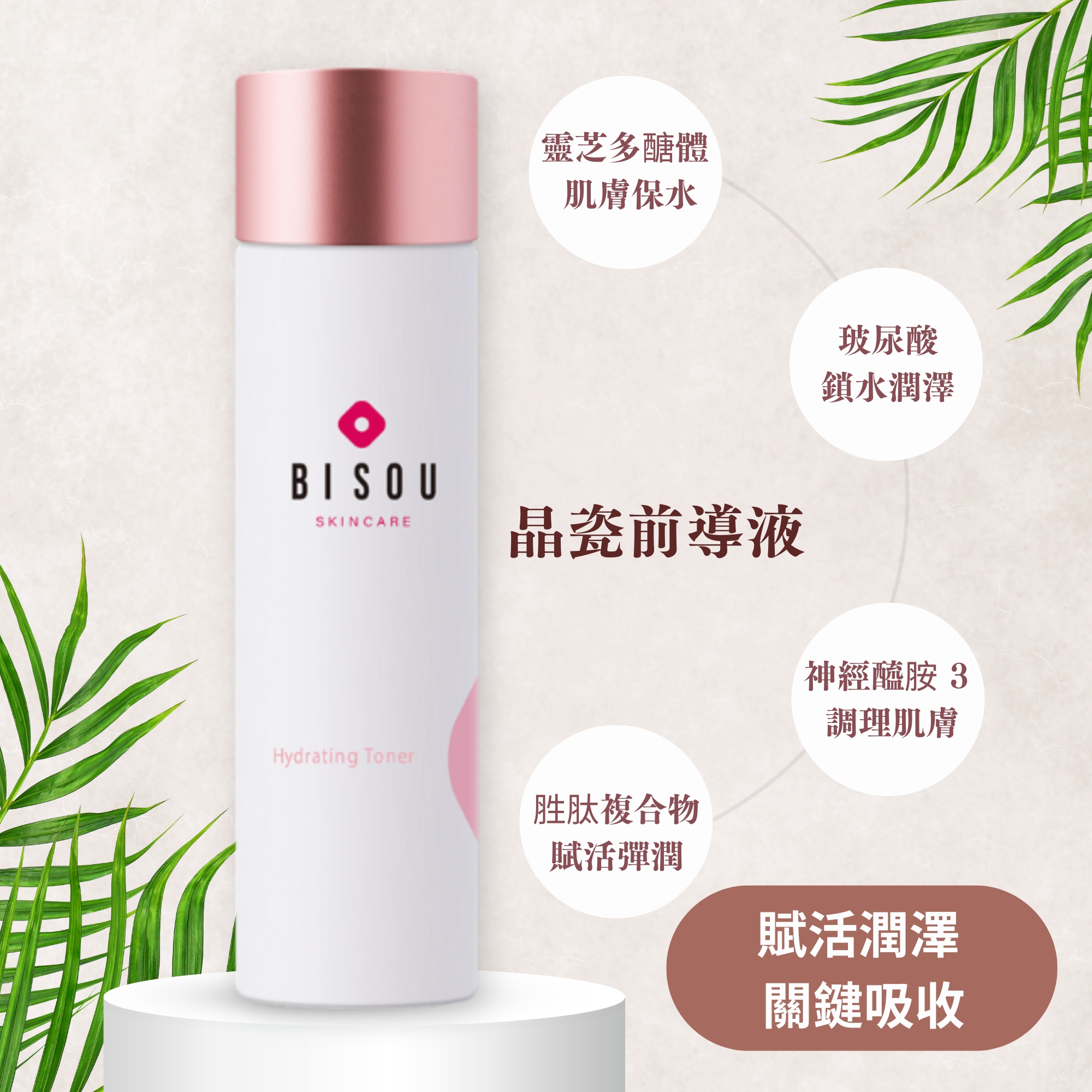 靈芝多醣體，肌膚保水，晶瓷前導液，胜肽複合物，賦活彈潤，玻尿酸，鎖水潤澤，神經醯胺 3，調理肌膚，賦活潤澤，關鍵吸收。