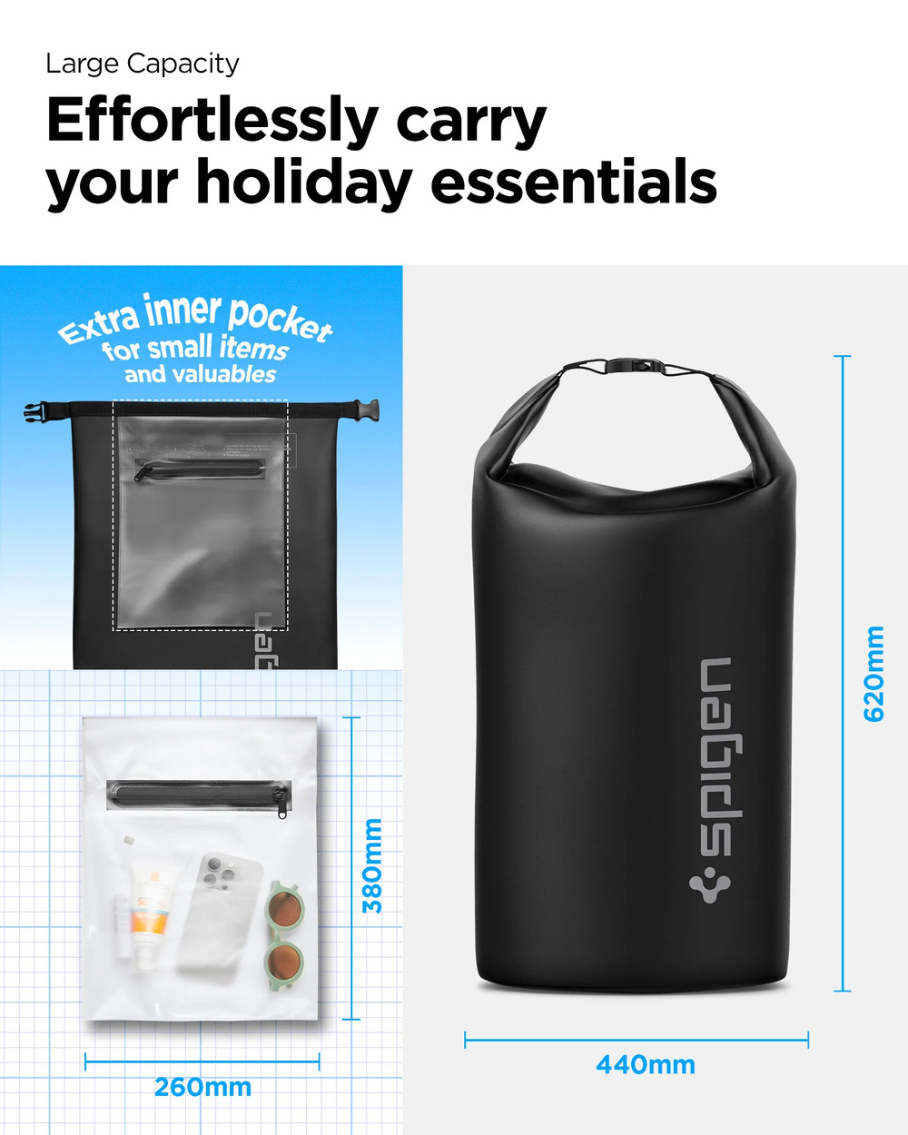 Large CapacityEffortlessly carryyour holiday essentialsExtrainner pocketfor small itemsand valuables260mm380mm440mm620mm