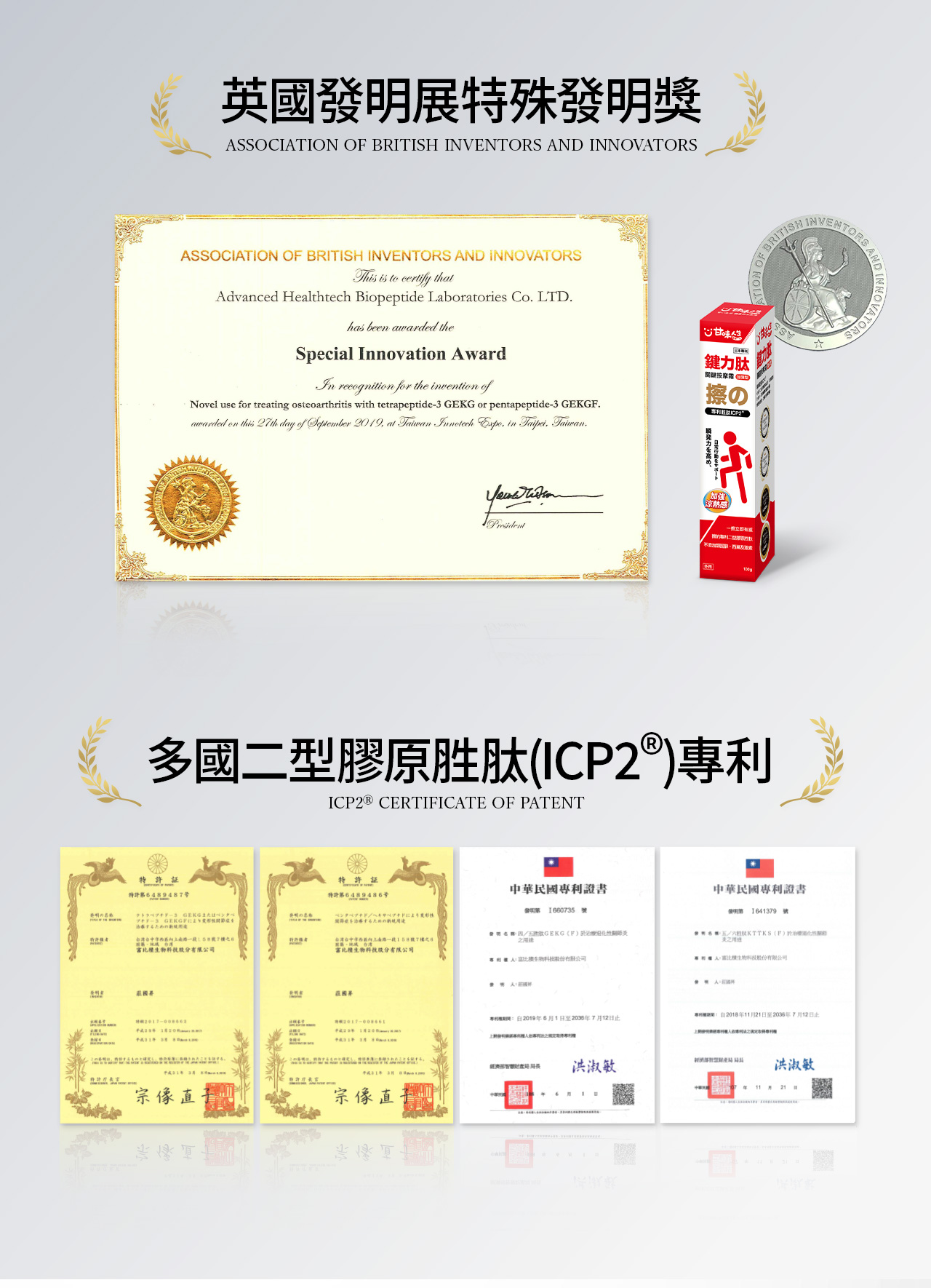 英展特殊獎ASSOCIATION O BRITISH INVENTORS AND INNOVATORSINVENTBRITISHIASSOCIATION OF BRITISH INVENTORS AND INNOVATORSThis is to certify thatAdvanced Healthtech Biopeptide Laboratories Co LTDhas been awarded theSpecial novati AwardIn recognition for the invention ofNovel use for treating osteoarthritis with tetrapeptide-3 GEKG or pentapeptide-3 GEKGFawarded on this 2th day of September 2019 at Taiwan  Expo in Taipei Taiwan鍵力霜 擦の加強多國二型膠原(ICP2專利ICP2® CERTIFICATE OF PATENT特許489487号特許证特許48948号中華民國專利證書中華民國專利證書發明1660735 發明第 1641379號により號76號7樓6肽GEKG(F)胜肽(F)股份有限公司比生物科技股份有限公司國201961至年7月12日止2018年月21日至2036年7月12日止經濟洪淑敏 宗像.宗像直洪淑敏年11月21日