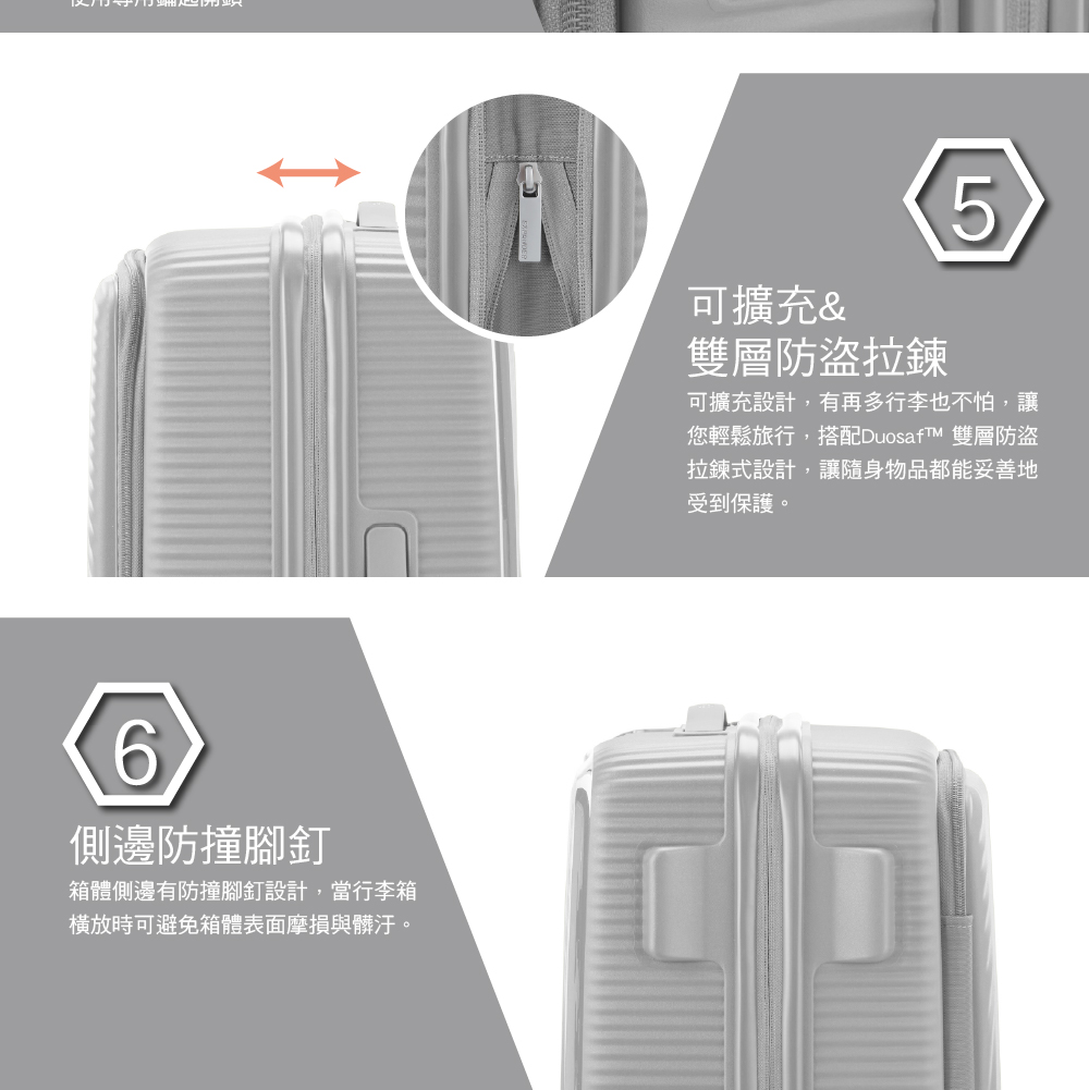 6側邊防撞腳箱體側邊有防撞腳釘設計,當行李箱橫放時可避免箱體表面摩損與髒汙。可擴充&雙層防盜拉鍊5可擴充設計,有再多行李也不怕,讓您輕鬆旅行,搭配DuosafT 雙層防盜拉鍊式設計,讓隨身物品都能妥善地受到保護。