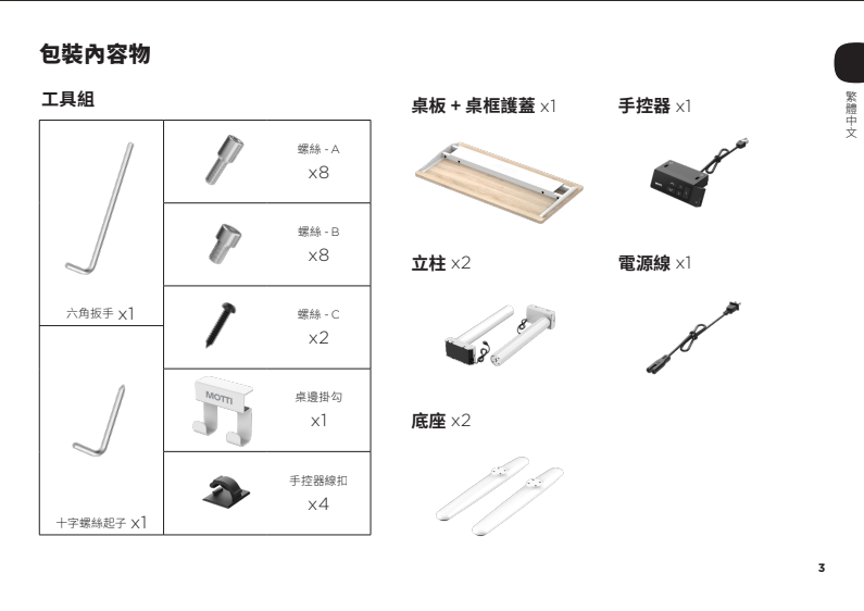 物工具組六角扳手 桌板+桌框護蓋 手控器 螺絲螺絲x8立柱 電源線 螺絲MOTTI桌邊掛勾底座 2手控器線扣十字螺絲起子 3