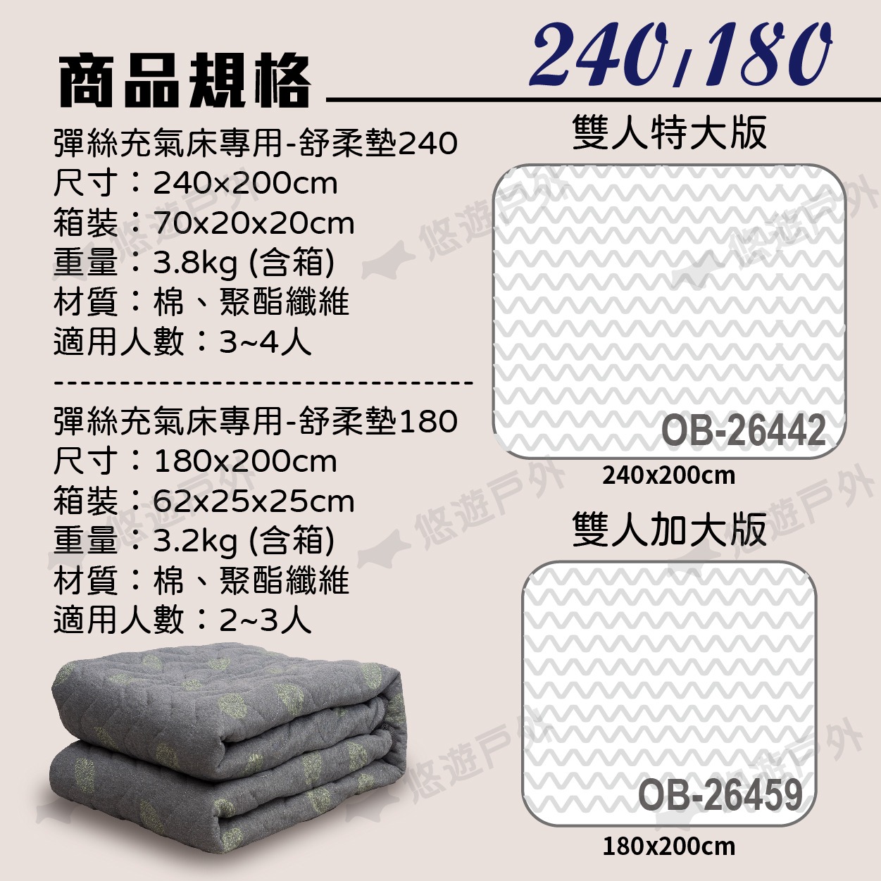 商品規格彈絲充氣床專用-舒柔墊240尺寸:240x200cm箱裝:70x20x20cm重量:3.8kg (含箱)材質:棉、聚酯纖維適用人數:3~4人240180雙人特大悠遊 尺寸:180x200cm箱裝:62x25x25cm重量:3.2kg (含箱)材質:棉、聚酯纖維適用人數:2~3人彈絲充氣床專用-舒柔墊180 悠遊悠遊戸OB-26442240x200cm雙人加大版OB-26459180x200cm
