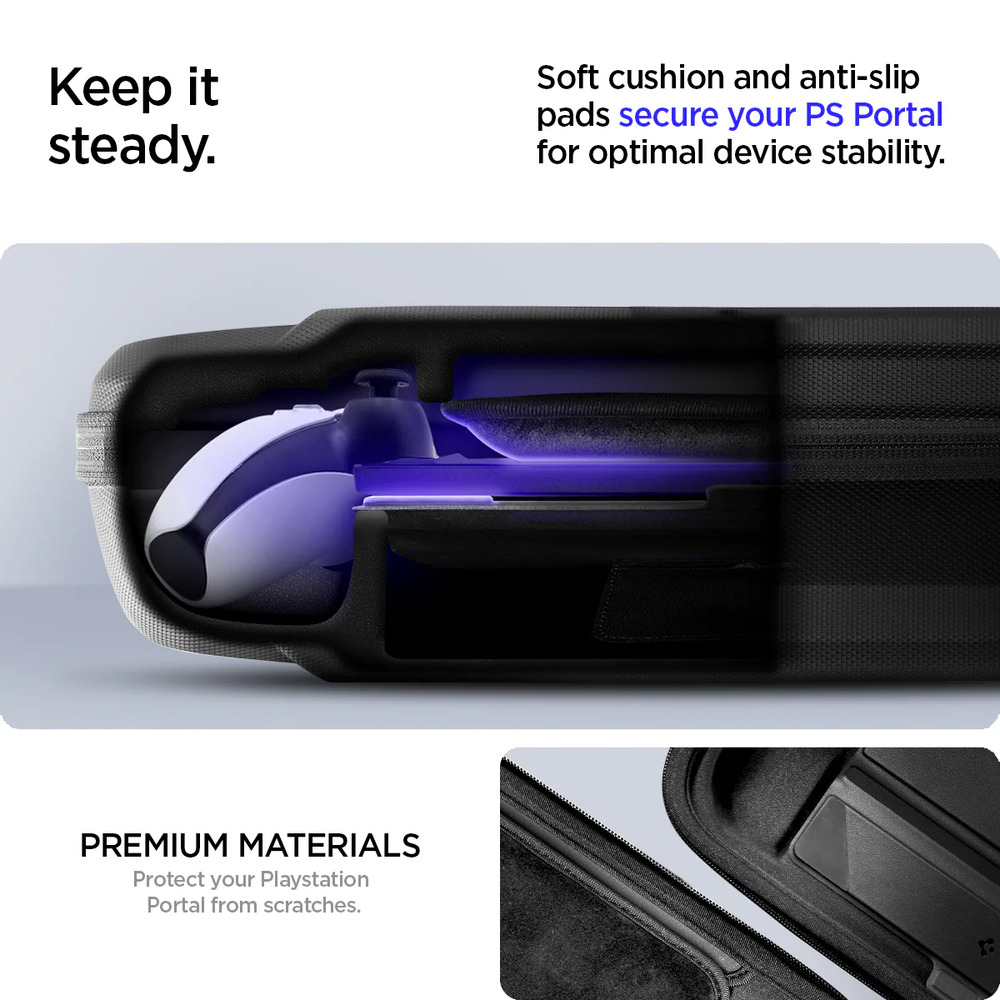 Keep itsteady.PREMIUM MATERIALSProtect your PlaystationPortal from scratches.Soft cushion and anti-slippads secure your PS Portalfor optimal device stability.