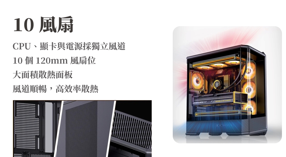 10風扇CPU、顯卡與電源採獨立風道10 個120mm 風扇位大面積散熱面板風道順暢,高效率散熱