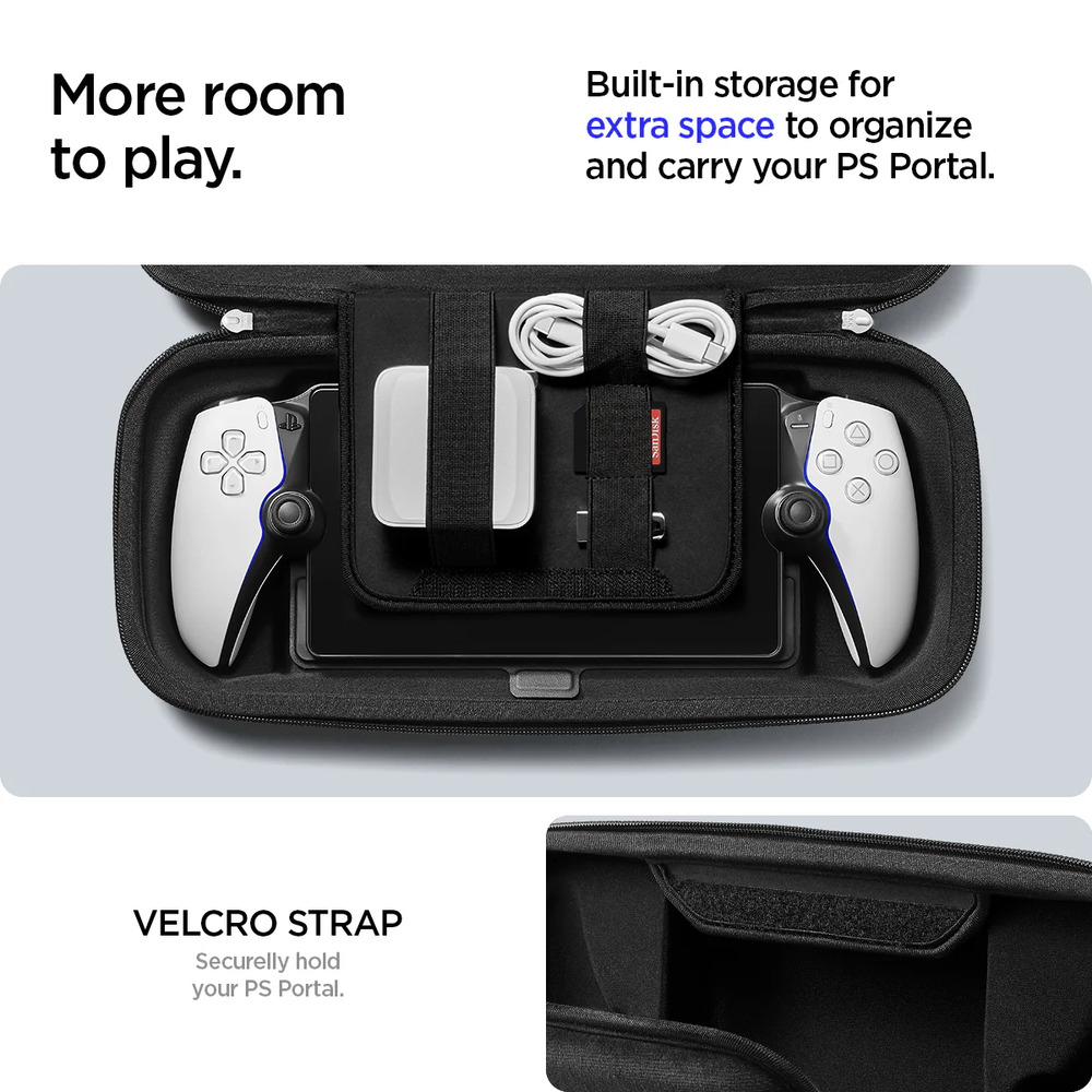 VELCRO TRAPSecurelly holdyour PS PortalMore roomto play.Built-in storage forextra space to organizeand carry your PS Portal.S