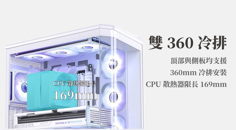 GEFORCE RTXCPU散熱器限長169mm雙360冷排頂部與側板均支援360mm 冷排安裝CPU 散熱器限長169mmREPUBLIC OF