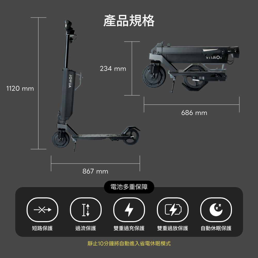 120 mmJOWUA產品規格234 mm867 mm電池多重保障686 mm1短路保護過流保護雙重過充保護 雙重過放保護靜止10分鐘將自動進入省電休眠模式自動休眠保護