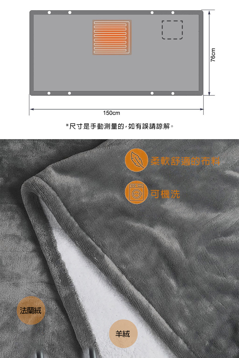 150cm*尺寸是手動測量的,如有誤請諒解。法蘭絨羊絨柔軟舒適的布 可機洗76cm