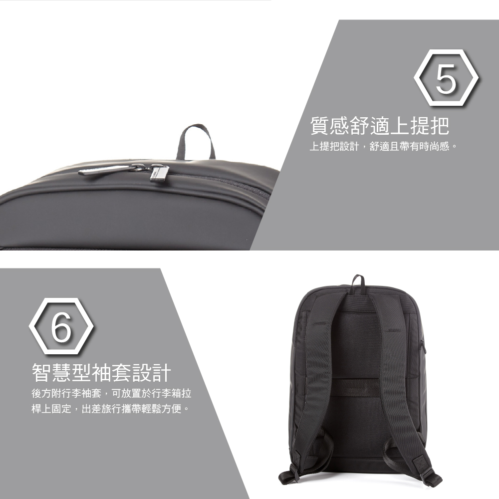 6智慧型袖套設計後方附行李袖套,可放置於行李箱拉桿上固定,出差旅行攜帶輕鬆方便。5質感舒適上提把上提把設計,舒適且帶有時尚感。