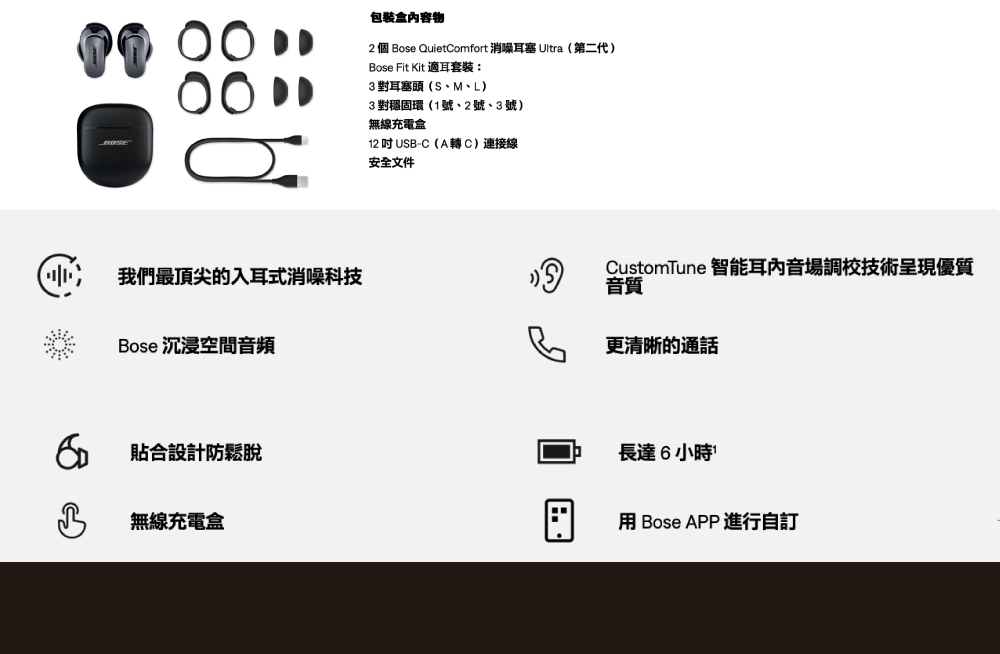 包裝盒容物2個Bose QuietComfort 消噪耳塞 Ultra(第二代)Bose Fit Kit 適耳套裝:對耳塞頭(S、M、L)3對穩固環(1號、2號、3號)無線充電盒12吋USB-C(A轉C)連接線安全文件我們最頂尖的入耳式消噪科技Bose 沉浸空間音頻CustomTune 智能耳內音場調校技術呈現優質音質更清晰的通話 貼合設計防鬆脫3無線充電盒長達6小時 Bose APP 進行自訂