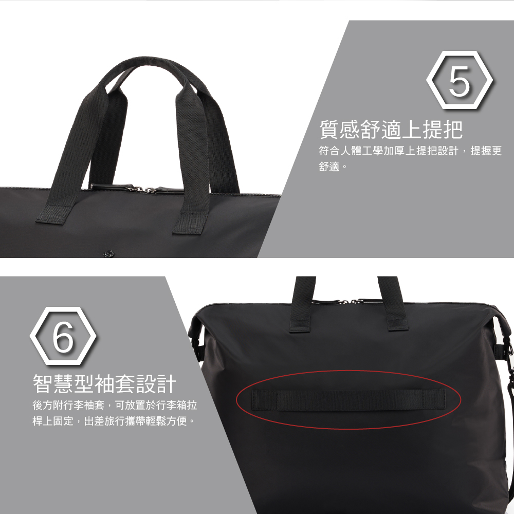 6智慧型袖套設計後方附行李袖套,可放置於行李箱拉桿上固定,出差旅行攜帶輕鬆方便。5質感舒適上提把符合人體工學加厚上提把設計,提握更舒適。
