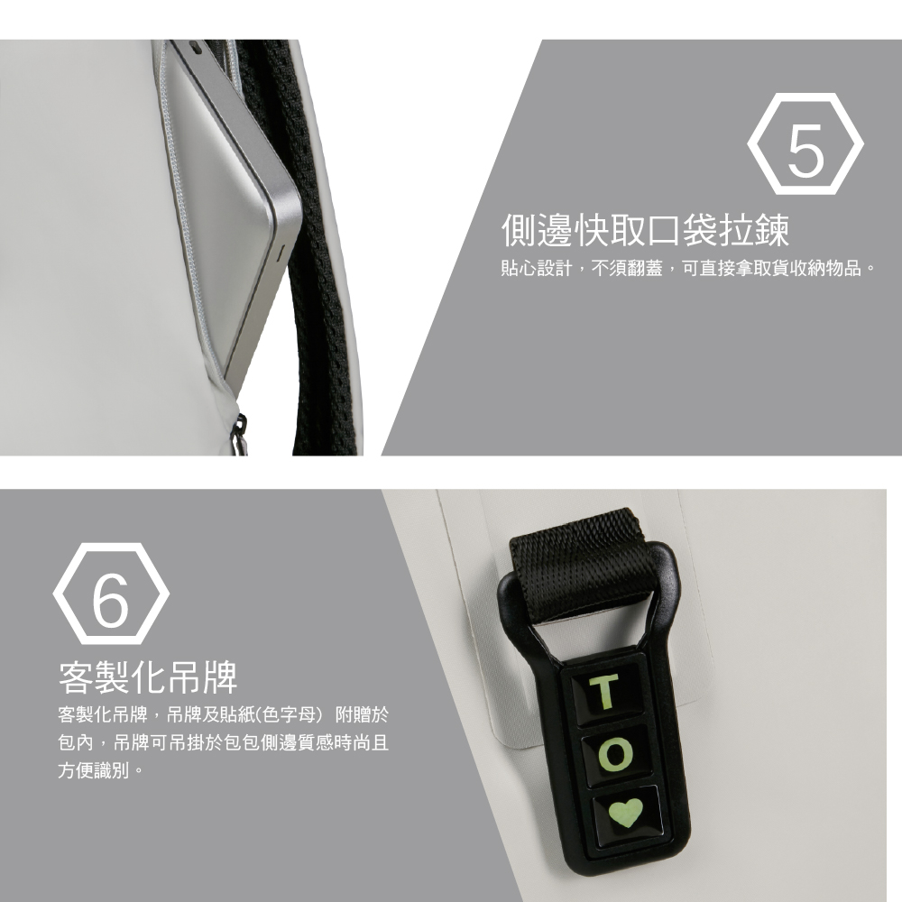 6客製化吊牌客製化吊牌,吊牌及貼紙(色字母) 附贈於包內,吊牌可吊掛於包包側邊質感時尚且方便識別。側邊快取口袋拉鍊5貼心設計,不須翻蓋,可直接拿取貨收納物品。T