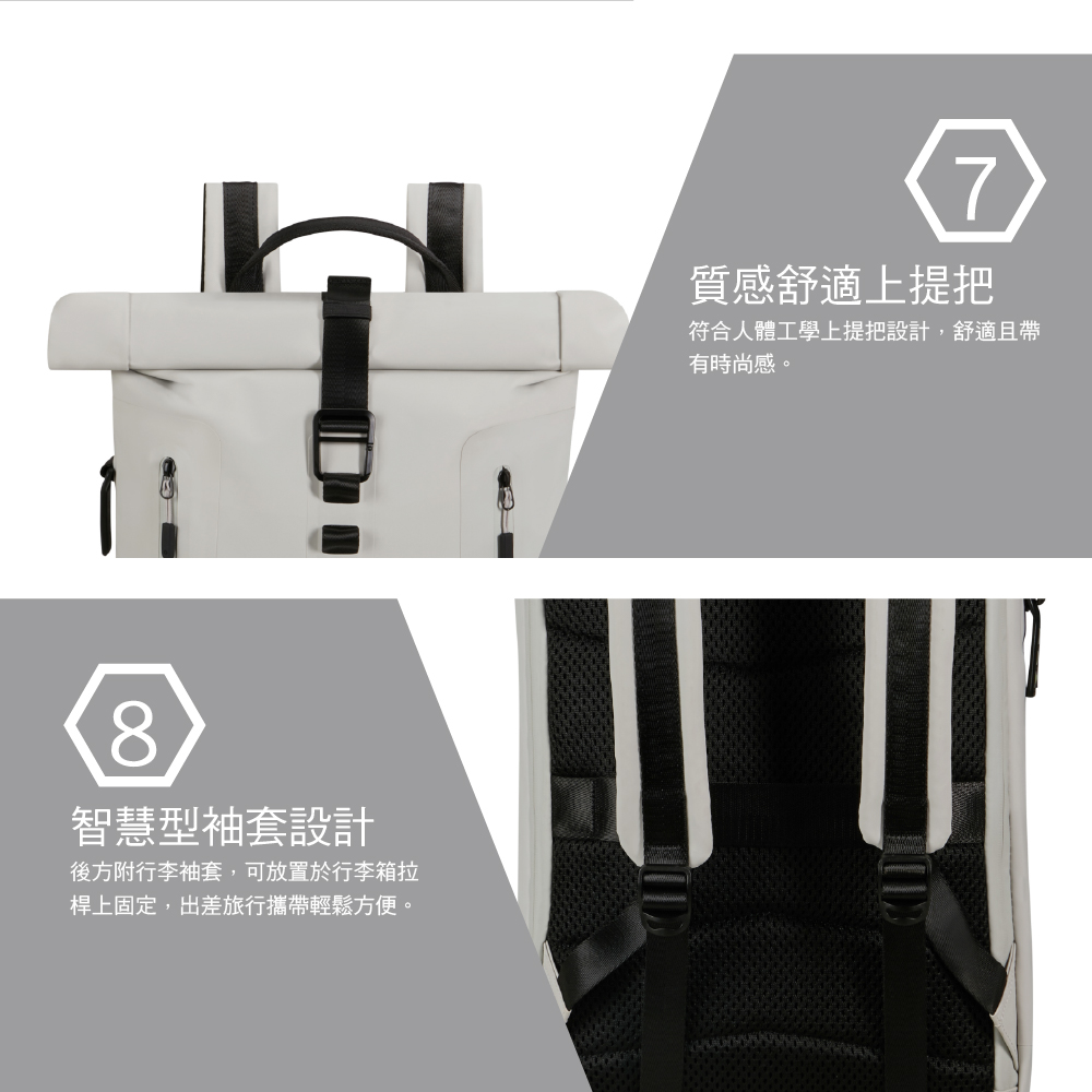 8智慧型袖套設計後方附行李袖套,可放置於行李箱拉桿上固定,出差旅行攜帶輕鬆方便。7質感舒適上提把符合人體工學上提把設計,舒適且帶有時尚感。