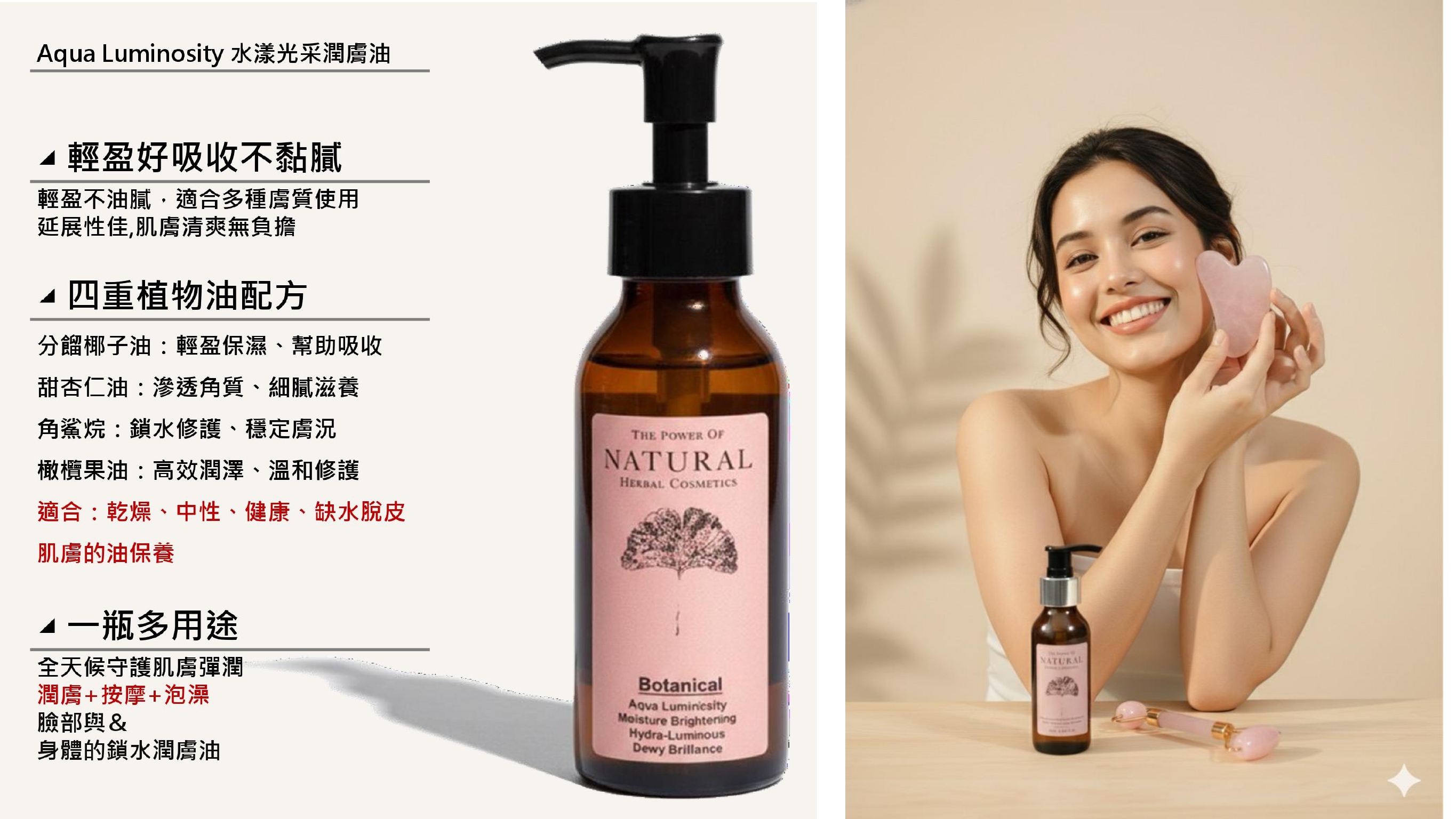 Aqua Luminosity 水漾光采潤膚油 輕盈好吸收不黏膩輕盈不油膩,適合多種膚質使用延展性佳,肌膚清爽無負擔四重植物油配方分餾椰子油:輕盈保濕、幫助吸收甜杏仁油:滲透角質、細膩滋養角鯊烷:鎖水修護、穩定膚況橄欖果油:高效潤澤、溫和修護適合:乾燥、中性、健康、缺水肌膚的油保養一瓶多用途全天候守護肌膚彈潤THE POWER OFNATURALHERBAL COSMETICS潤膚+按摩+泡澡臉部與 &身體的鎖水潤膚油BotanicalAqva Moisture BrighteningHydra-LuminousDewy BrillanceNATURAL