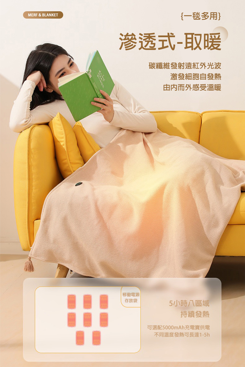 MERF & BLANKET{一毯多用}滲透式-取暖碳纖維發射遠紅外光波激發細胞自發熱由内而外感受溫暖移動電源存放袋5小時八區域持續發熱可選配5000mAh充電寶供電不同溫度發熱可長達1-5h