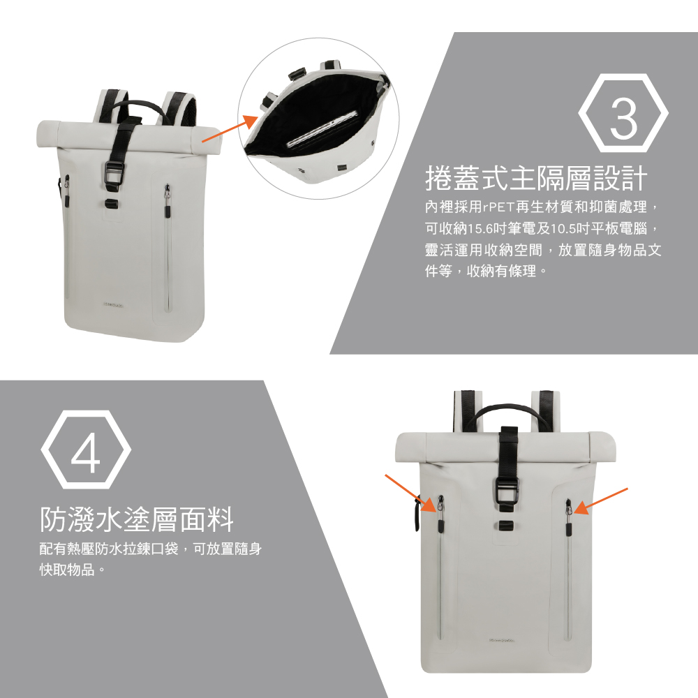 4防潑水塗層面料配有熱壓防水拉鍊口袋,可放置隨身快取物品。3捲蓋式主隔層設計內裡採用rPET再生材質和抑菌處理,可收納15.6吋筆電及10.5吋平板電腦,靈活運用收納空間,放置隨身物品文件等,收納有條理。