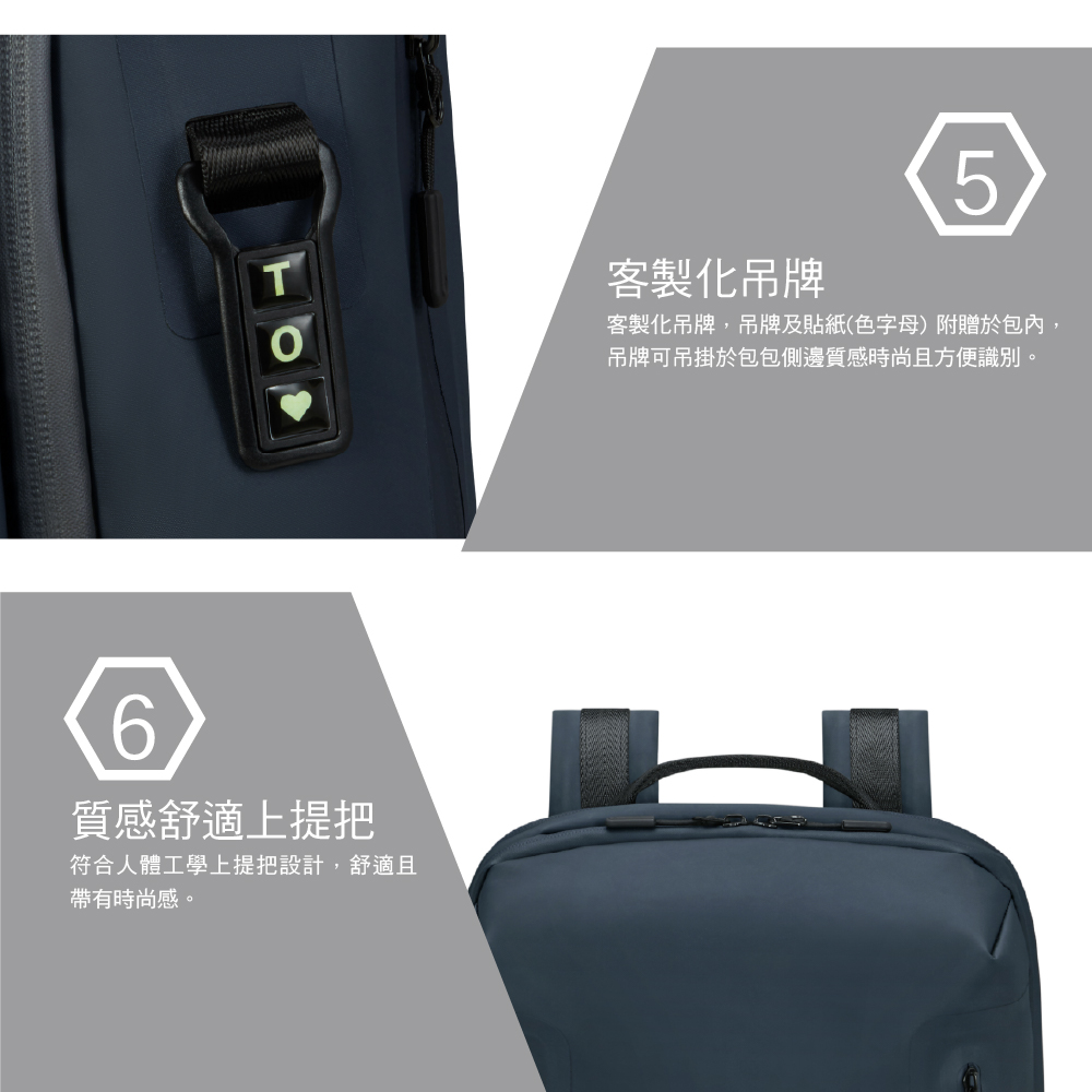 5T客製化吊牌客製化吊牌,吊牌及貼紙(色字母)附贈於包內,吊牌可吊掛於包包側邊質感時尚且方便識別。6質感舒適上提把符合人體工學上提把設計,舒適且帶有時尚感。