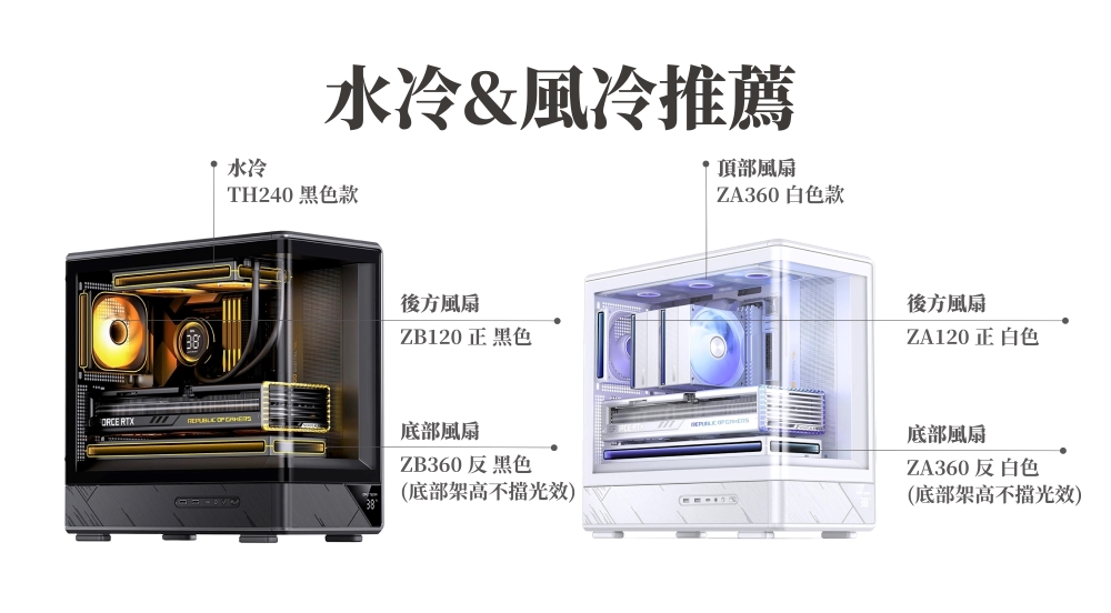 水冷水冷&風冷推薦TH240 黑色款 頂部風扇ZA360 白色款 RTX   後方風扇ZB120 正 黑色後方風扇ZA120 正白色底部風扇ZB360反黑色(底部架高不擋光效)底部風扇ZA360反白色(底部架高不擋光效)
