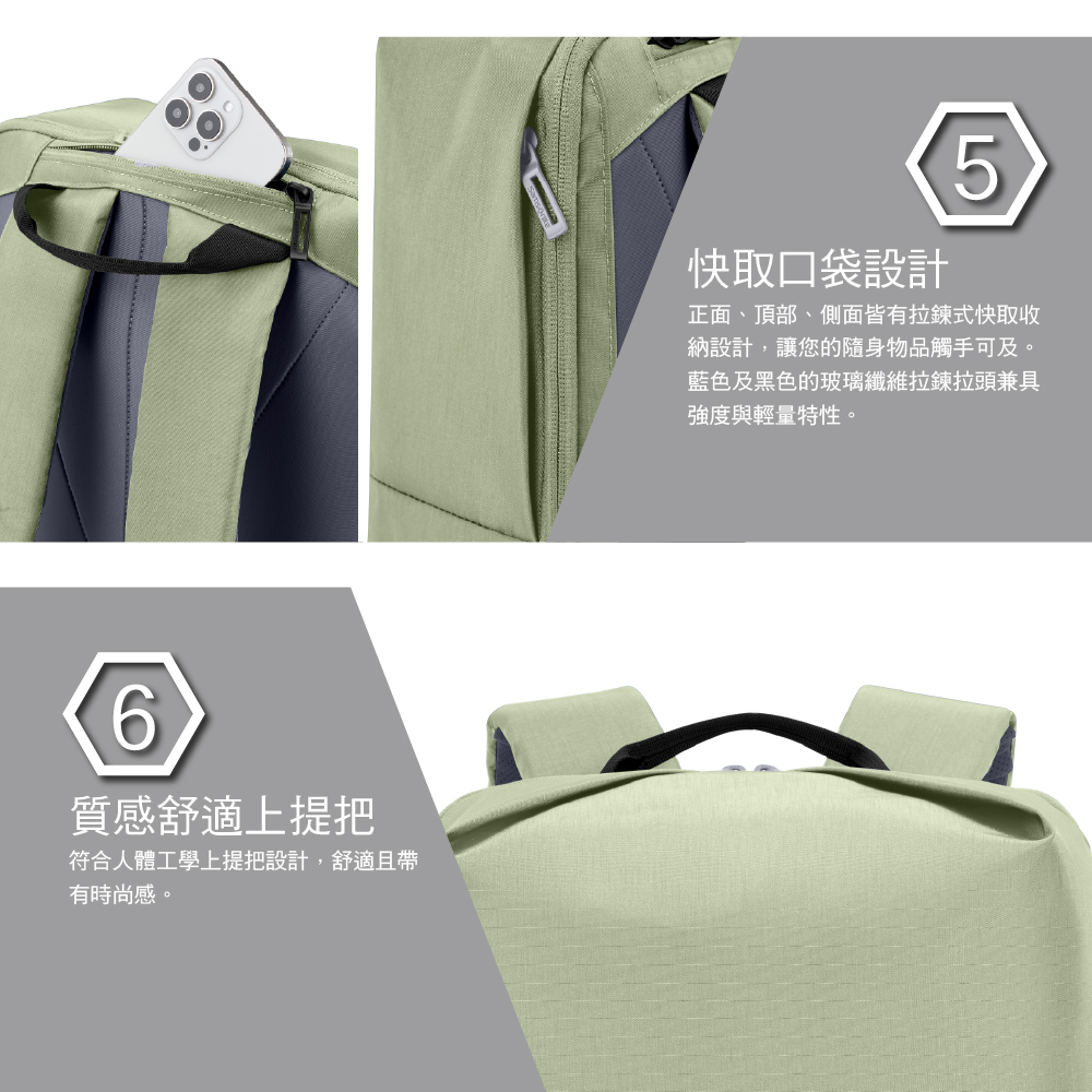 6質感舒適上提把符合人體工學上提把設計,舒適且帶有時尚感。快取口袋設計5正面、頂部、側面皆有拉鍊式快取收納設計,讓您的隨身物品觸手可及。藍色及黑色的玻璃纖維拉鍊拉頭兼具強度與輕量特性。