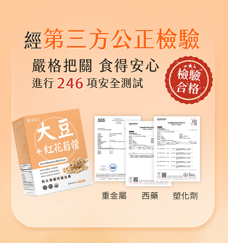 經第三方公正檢驗嚴格把關 食得安心進行246項安全測試檢驗合格BHKs大豆+紅花苜蓿  Red SGS熟女專屬呵護滋養SGS重金屬西藥塑化劑