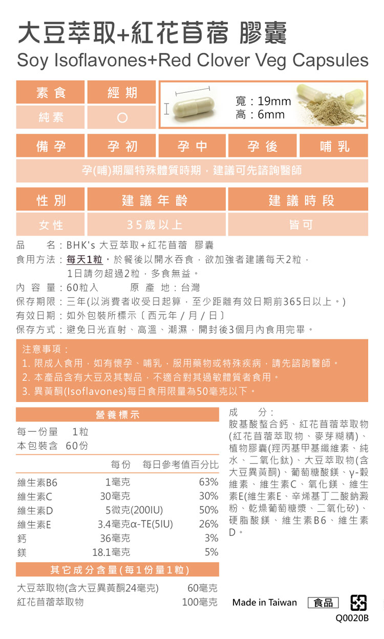 大豆萃取紅花苜蓿 膠囊Soy Isoflvones+Red Clover Veg Capsules素食經期寬:19mmI純素高:6mm備孕孕初孕中孕後哺乳孕哺期屬特殊體質時期建議可先諮詢醫師建議年齡性別女性5歲以上品名:BHKs 大豆萃取+紅花苜蓿 膠囊建議時段皆可食用方法:每天1粒於餐後以開水吞食,欲加強者建議每天2粒,1日請勿超過2粒,多食無益。內容量:60粒入原產地:台灣保存期限:三年(以消費者收受日起算,至少距離有效日期前365日以上。)有效日期:如包裝所標示(西元年/月/日保存方式:避免日光直射高溫、潮濕,開封後3個月內食用完畢。注意事項:1.限成人食用,如有懷孕、哺乳,服用藥物或特殊疾病,請先諮詢醫師。2. 本產品含有大豆及其製品,不適合過敏體質者食用。3. 異黃酮(Isoflavones)每日食用限量為50以下。營養標示成分:維生素B6維生素C30毫克維生素D維生素E鈣3.4毫克a-TE(IU)36毫克每一份量 1粒本包裝含 60份每份 每日參考值百分比1毫克5微克(200IU)胺基酸螯合鈣、紅花苜蓿萃取物(紅花苜蓿萃取物、麥芽糊精)、植物膠囊(羥丙基甲基纖維素、純水、二氧化鈦)、大豆萃取物(含大豆異黃酮)、葡萄糖酸鎂、穀63% 維素、維生素C、氧化鎂、維生30% 素E(維生素E、辛烯基丁二酸鈉澱50% 粉、乾燥葡萄糖漿、二氧化矽)、硬脂酸鎂、維生素B6、維生素26%D。3%鎂18.1毫克5%其它成分含量(每1份量1粒)大豆萃取物(含大豆異黃酮24毫克)紅花苜蓿萃取物60毫克100毫克Made in Taiwan食品 3Q0020B