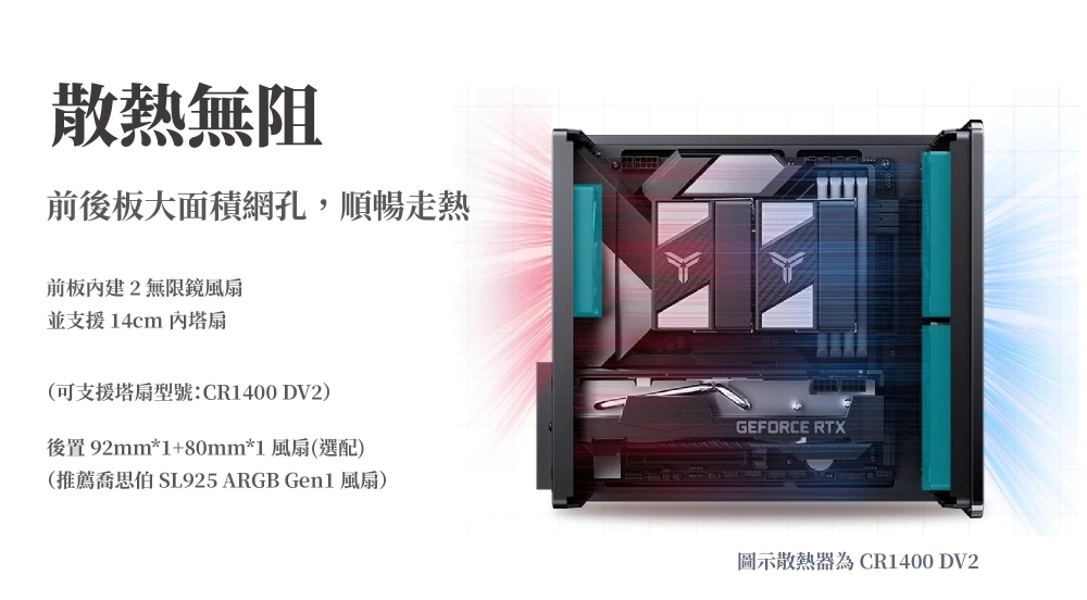散熱無阻前後板大面積網孔,順暢走熱前板建2無限鏡風扇並支援14cm內塔扇(可支援塔扇型號:CR1400 DV2)後置 92mm*1+80mm*1 風扇(選配)(推薦喬思伯SL925 ARGB Gen1 風扇)GEFORCE RTX圖示散熱器為 CR1400 DV2