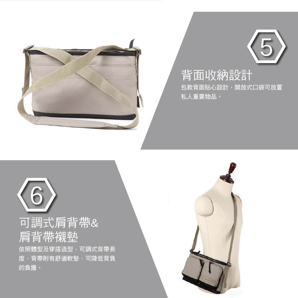 6可調式肩背帶&肩背帶襯墊依照體型及穿搭造型,可調式背帶長度,背帶附有舒適軟墊,可降低背負的負擔。背面收納設計5包款背面貼心設計,開放式口袋可放置私人重要物品。