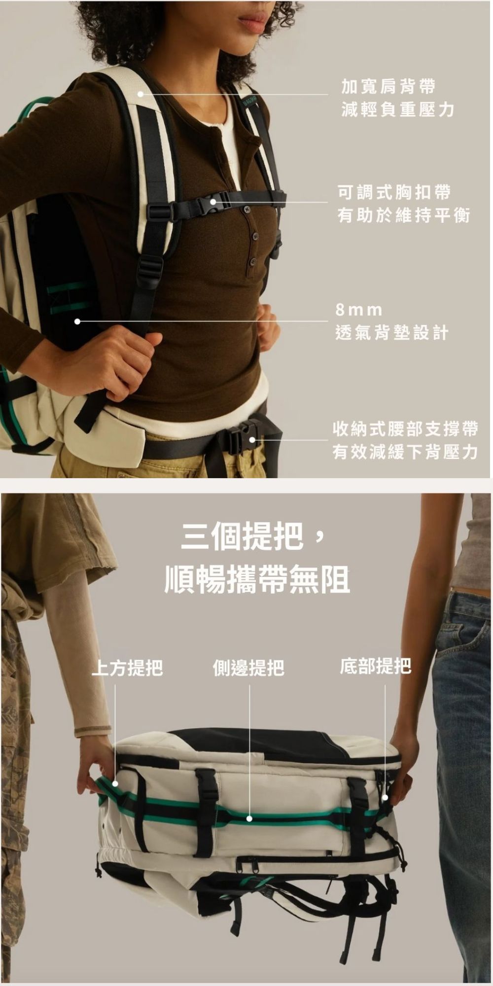 加寬肩背帶減輕負重壓力可調式胸扣帶有助於維持平衡8 mm透氣背墊設計收納式腰部支撐帶有效減緩下背壓力三個提把順暢攜帶無阻上方提把 側邊提把底部提把
