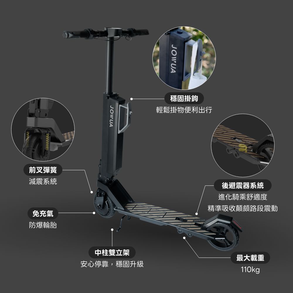 前叉彈簧減震系統免充氣防爆輪胎JOWUA穩固掛鉤輕鬆掛物便利出行中柱雙立架安心停靠,穩固升級JOWUA後避震器系統進化騎乘舒適度精準吸收顛頗路段震動最大載重110kg
