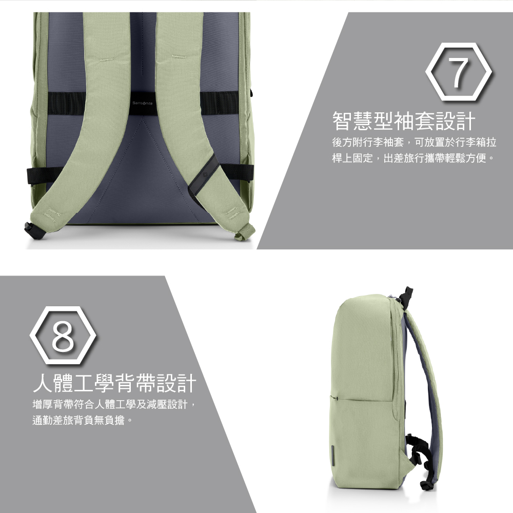 8人體工學背帶設計增厚背帶符合人體工學及減壓設計,通勤差旅背負無負擔。7智慧型袖套設計後方附行李袖套,可放置於行李箱拉桿上固定,出差旅行攜帶輕鬆方便。