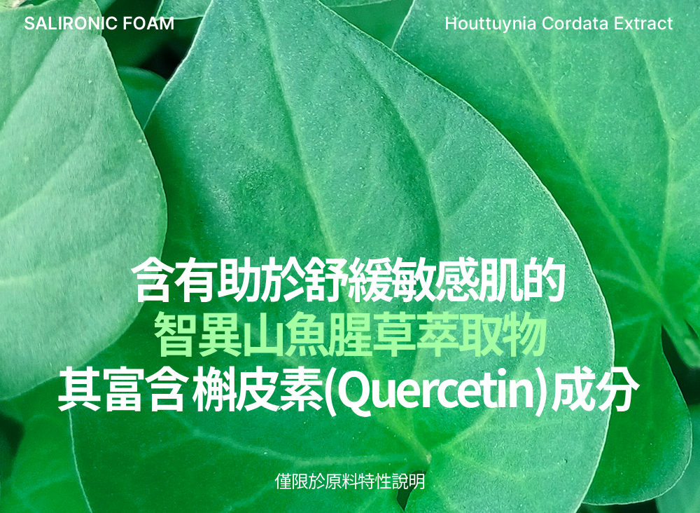 SALIRONIC FOAMHouttuynia Cordata Extract含有助於舒緩敏感肌的智異山魚腥草萃取物其富含槲皮素(Quercetin)成分僅限於原料特性說明