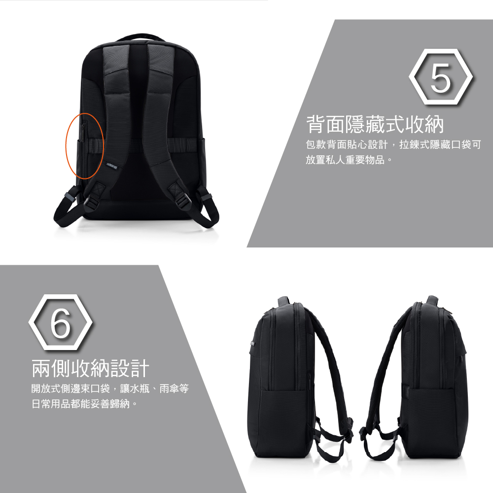6兩側收納設計開放式側邊束口袋,讓水瓶、雨傘等日常用品都能妥善歸納。5背面隱藏式收納包款背面貼心設計,拉鍊式隱藏口袋可放置私人重要物品。