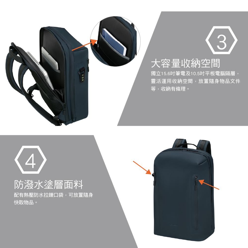 4防潑水塗層面料配有熱壓防水拉鍊口袋,可放置隨身快取物品。大容量收納空間3獨立15.6吋筆電及10.5吋平板電腦隔層,靈活運用收納空間,放置隨身物品文件等,收納有條理。
