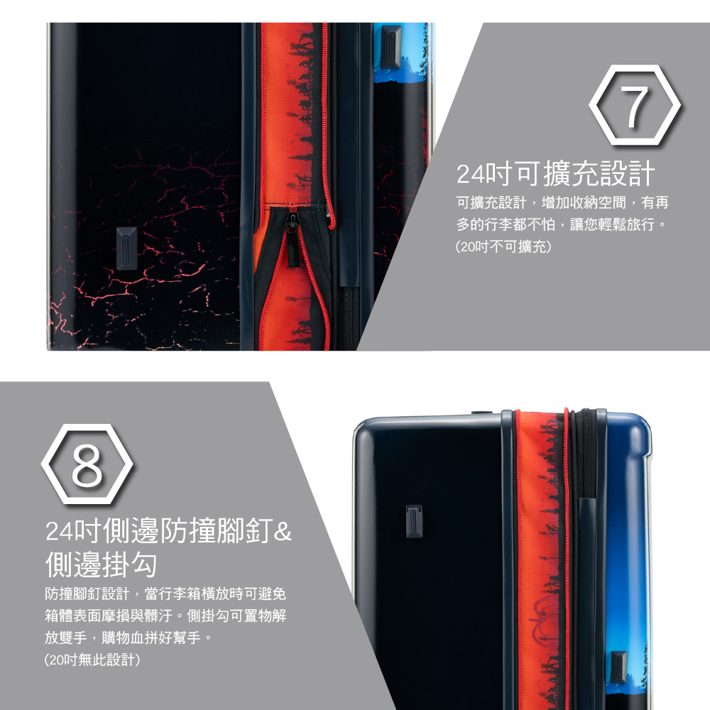 724可擴充設計可擴充設計,增加收納空間,有再多的行李都不怕,讓您輕鬆旅行。(20不可擴充)24吋側邊防撞腳釘&側邊掛勾防撞腳釘設計,當行李箱時可避免箱體表面摩損與髒汙。側掛勾可置物解放雙手,購物血拼好幫手。(20吋無此設計)