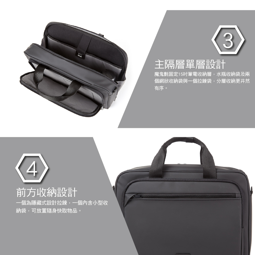 4前方設計一個為隱藏式設計拉鍊,一個內含小型收納袋,可放置隨身快取物品。主隔層單層設計3魔鬼氈固定15吋筆電收納層,水瓶收納袋及兩個網狀收納袋與一個拉鍊袋,分層收納更井然有序。