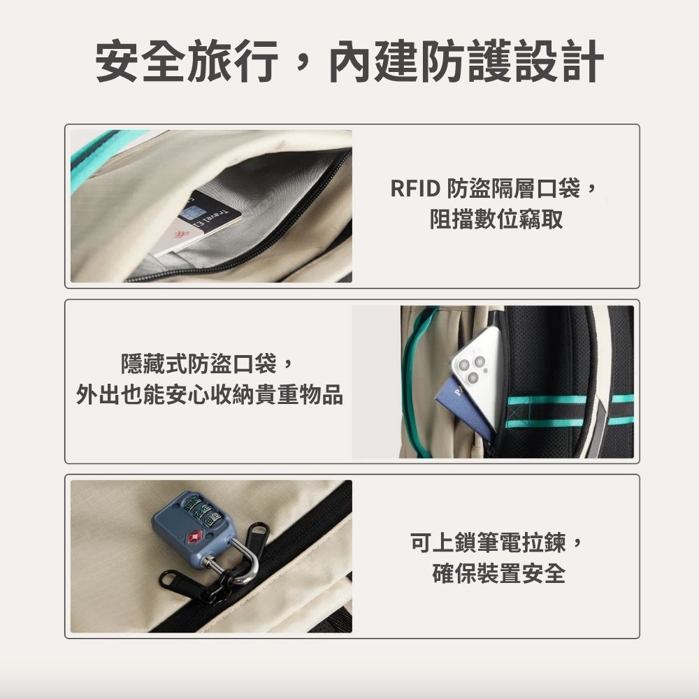安全旅行,內建防護設計隱藏式防盜口袋,外出也能安心收納貴重物品RFID 防盜隔層口袋,阻擋數位竊取可上鎖筆電拉鍊,確保裝置安全