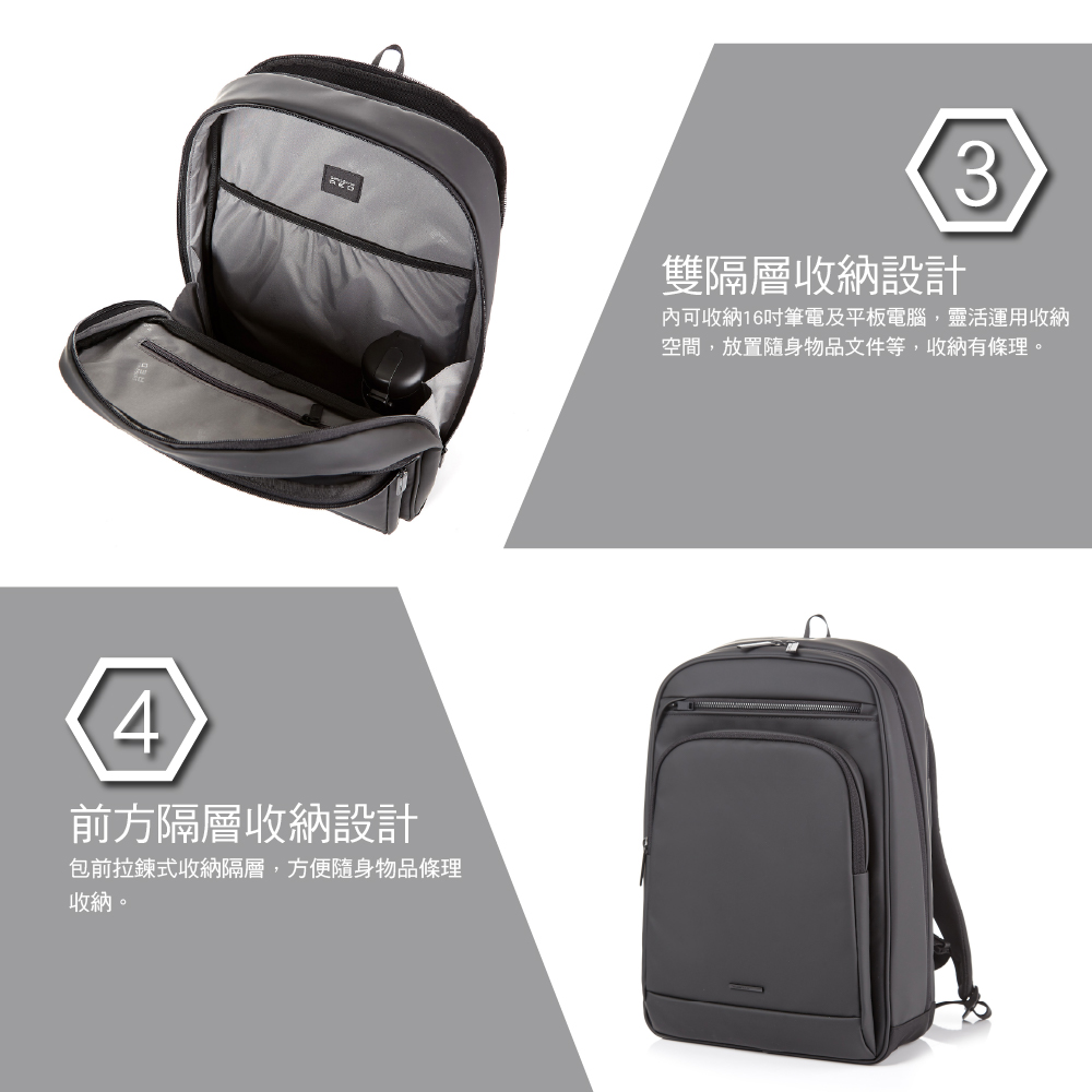 4前方隔層收納設計包前拉鍊式收納隔層,方便隨身物品條理收納。3雙隔層收納設計內可收納16吋筆電及平板電腦,靈活運用收納空間,放置隨身物品文件等,收納有條理。