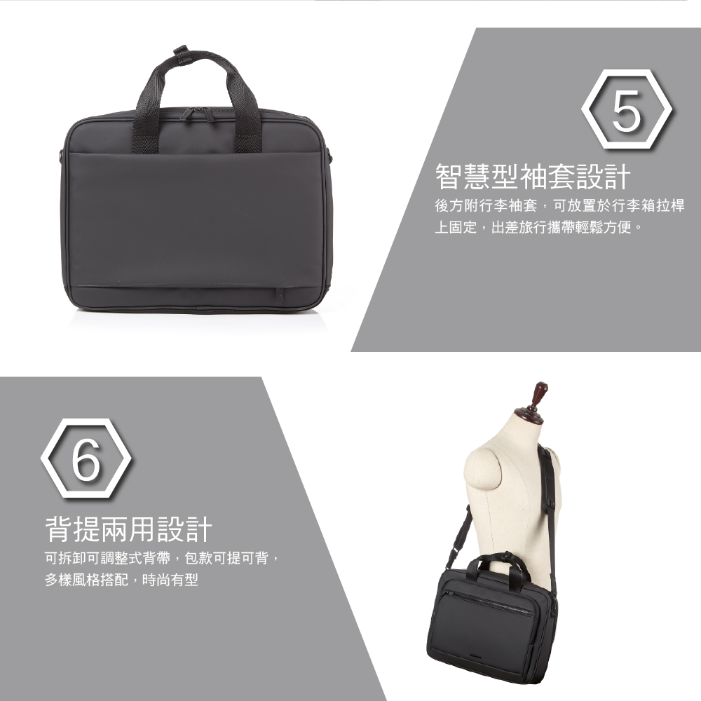 6背提兩用設計可拆卸可調整式背帶,包款可提可背,多樣風格搭配,時尚有型5智慧型袖套設計後方附行李袖套,可放置於行李箱拉桿上固定,出差旅行攜帶輕鬆方便。