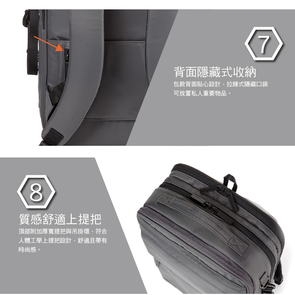 8質感舒適上提把頂部附加厚寬提把與吊掛環,符合人體工學上提把設計,舒適且帶有時尚感。背面隱藏式收納7包款背面貼心設計,拉鍊式隱藏口袋可放置私人重要物品。