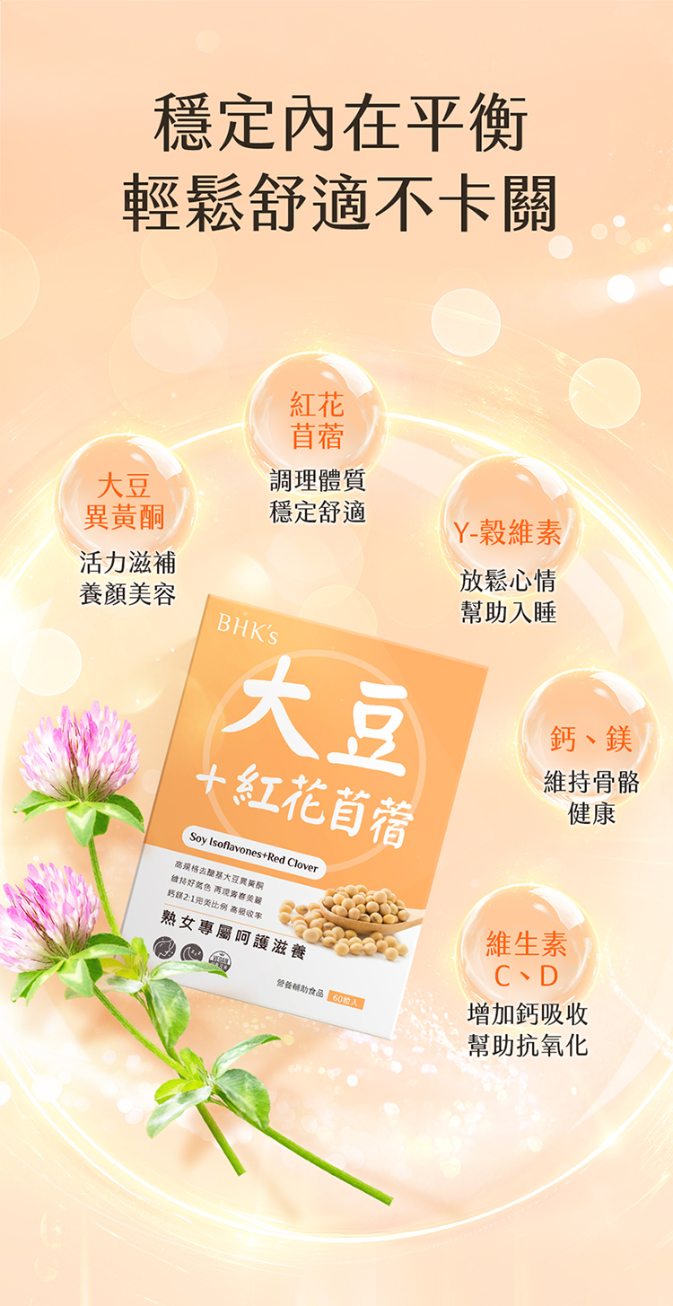 穩定內在平衡輕鬆舒適不卡關苜蓿調理體質穩定舒適Y-穀維素活力滋補養顏容BHKs大豆+紅花苜蓿Soy Isoflavones+Red Clover规格大豆異黃酮维持好色 美鈣鎂2:1完美比例 高熟女專屬呵護滋養輔助食品 60放鬆心情幫助入睡鈣、鎂維持骨骼健康維生素C、D增加鈣吸收幫助抗氧化