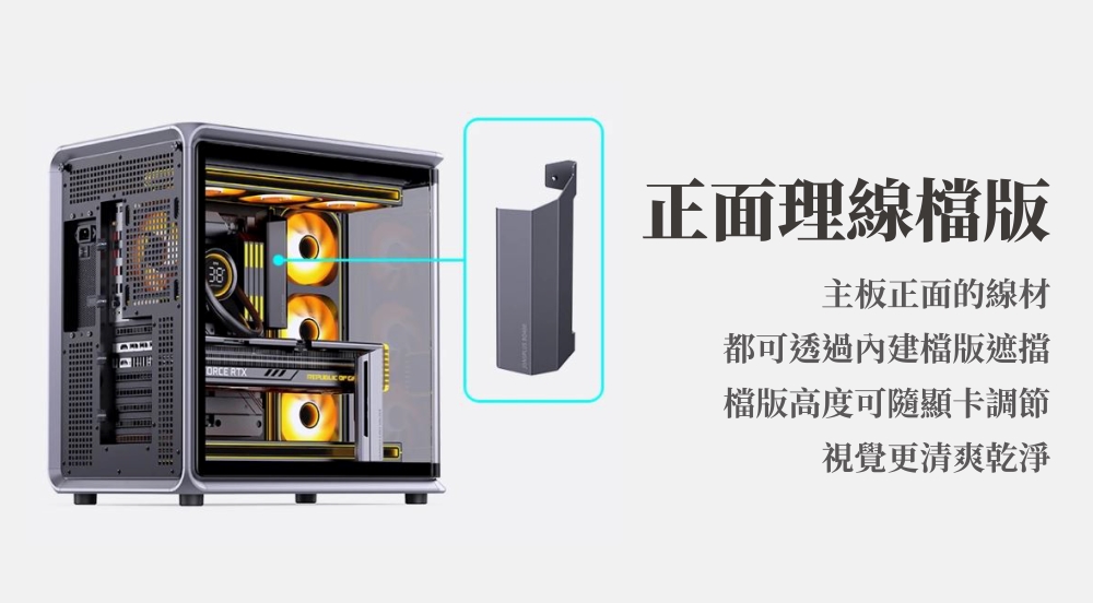 正面理線檔版主板正面的線材都可透過內建檔版遮擋檔版高度可顯卡調節視覺更清爽乾淨
