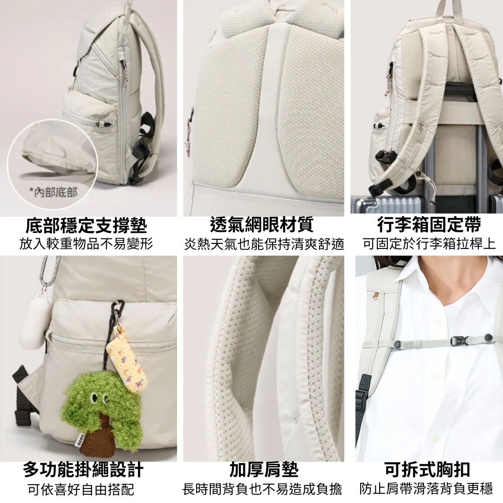 *內部底部底部穩定支撐墊透氣網眼材質行李箱固定帶放入較重物品不易變形炎熱天氣也能保持清爽舒適 可固定於行李箱拉桿上多功能掛繩設計加厚肩墊可拆式胸扣可依喜好自由搭配長時間背負也不易造成負擔防止肩帶滑落背負更穩