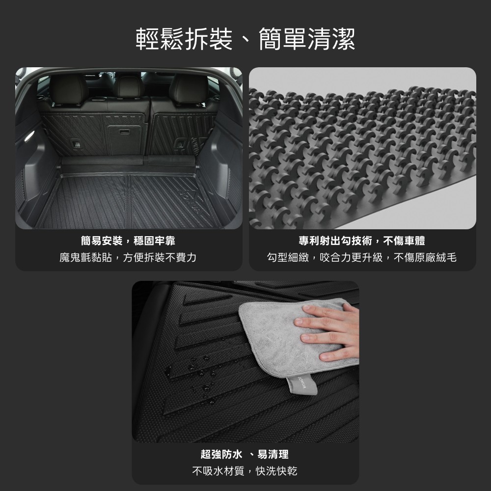 輕鬆拆裝、簡單清潔簡易安裝,穩固牢靠專利射出勾技術,不傷車體魔鬼氈黏貼,方便拆裝不費力勾型細緻,咬合力更升級,不傷原廠絨毛超強防水 、易清理不吸水材質,快洗快乾