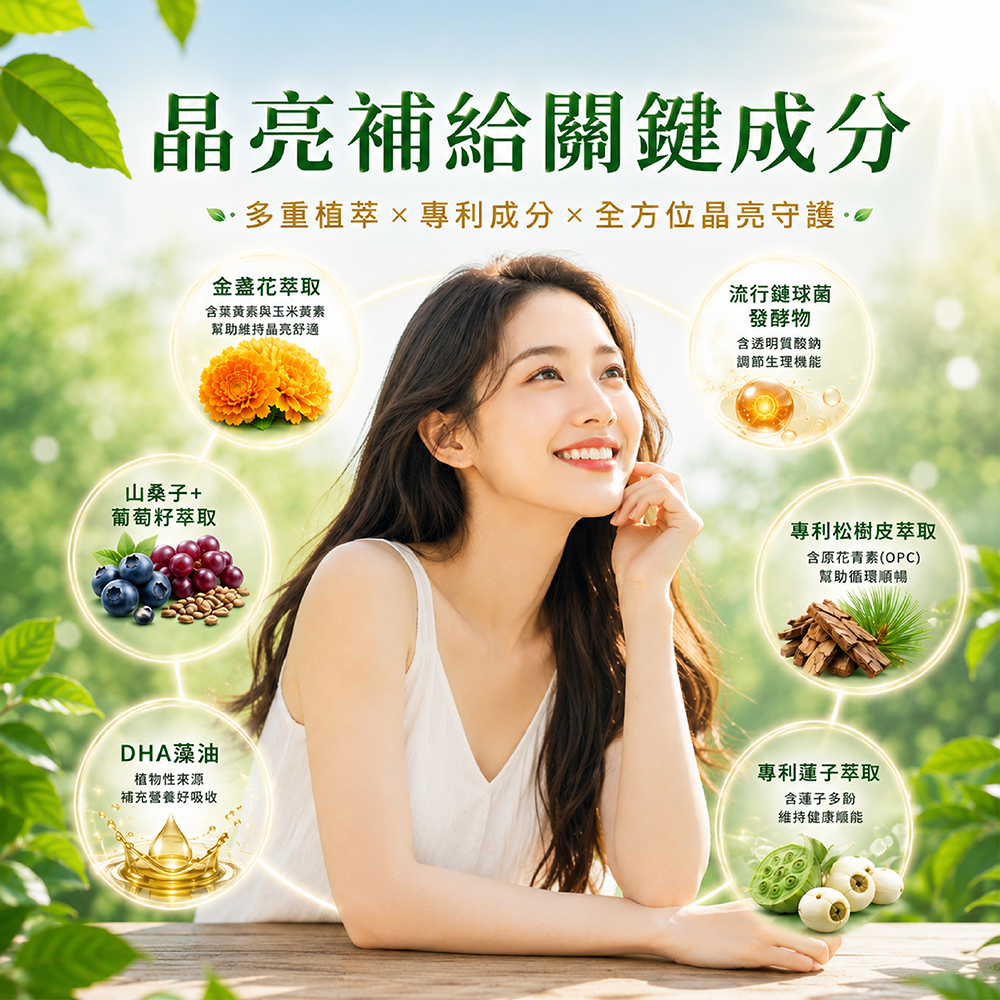晶亮補給關鍵成分植萃 專利成分×全方位晶亮守護萃取含葉黃素與玉米黃素幫助維持晶亮舒適流行鏈球菌發酵物含透明質酸鈉調節生理機能山桑子+葡萄籽萃取專利松樹皮萃取含原花青素(OPC)幫助循環順暢DHA藻油植物性來源補充營養好吸收專利蓮子萃取含蓮子多維持健康能
